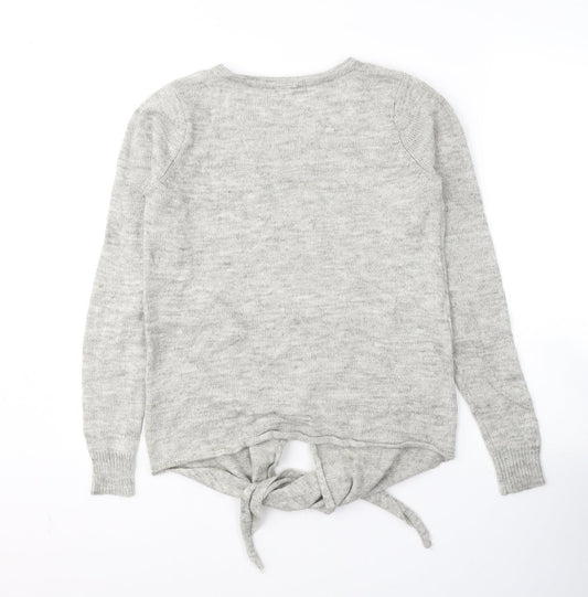 VILA Womens Grey Round Neck  Acrylic Pullover Jumper Size XS   - tie detail