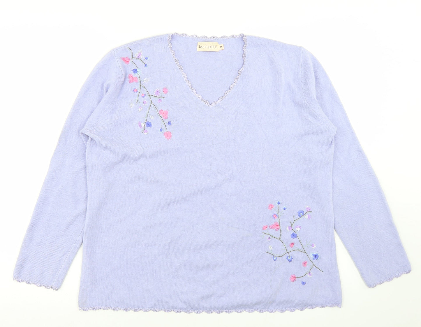 Bonmarché Womens Purple V-Neck  Acrylic Pullover Jumper Size M   - Flower Detail