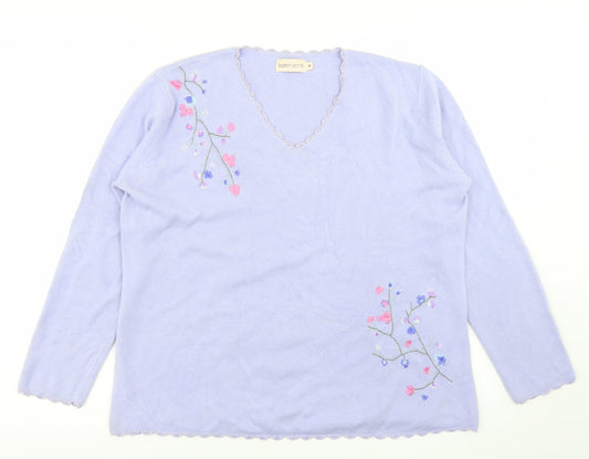 Bonmarché Womens Purple V-Neck  Acrylic Pullover Jumper Size M   - Flower Detail