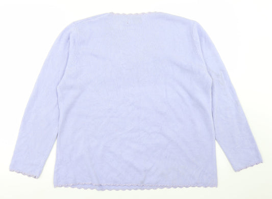 Bonmarché Womens Purple V-Neck  Acrylic Pullover Jumper Size M   - Flower Detail