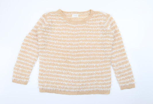 Savida Womens Beige Crew Neck Striped Acrylic Pullover Jumper Size S