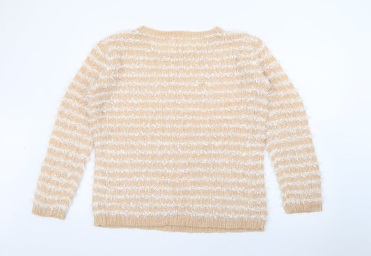 Savida Womens Beige Crew Neck Striped Acrylic Pullover Jumper Size S