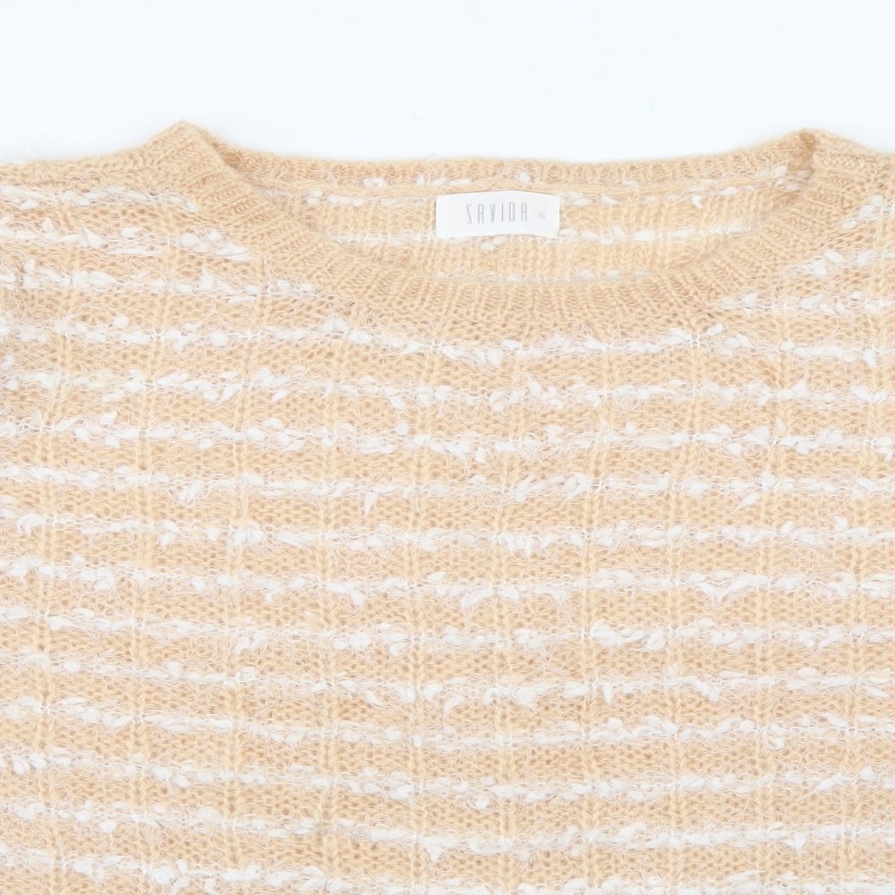 Savida Womens Beige Crew Neck Striped Acrylic Pullover Jumper Size S