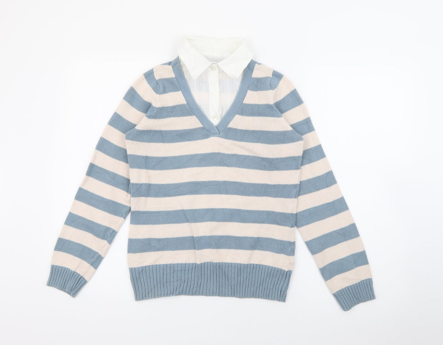 Marks and Spencer Womens Beige Collared Striped Cotton Pullover Jumper Size 10