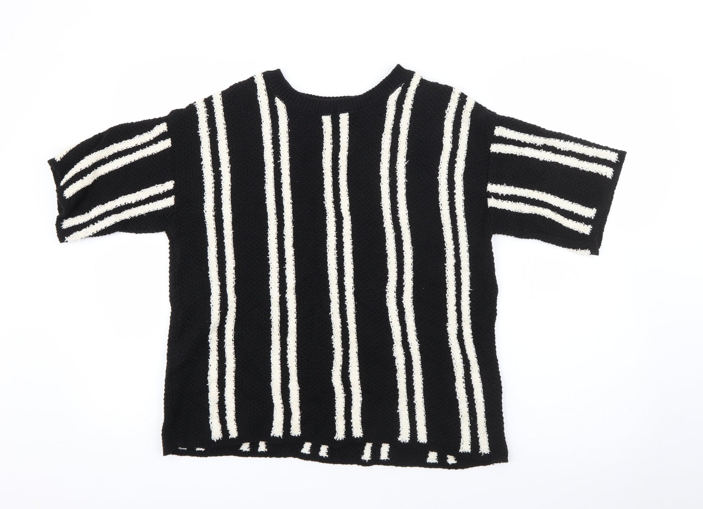 Marks and Spencer Womens Black Crew Neck Striped Cotton Pullover Jumper Size 14