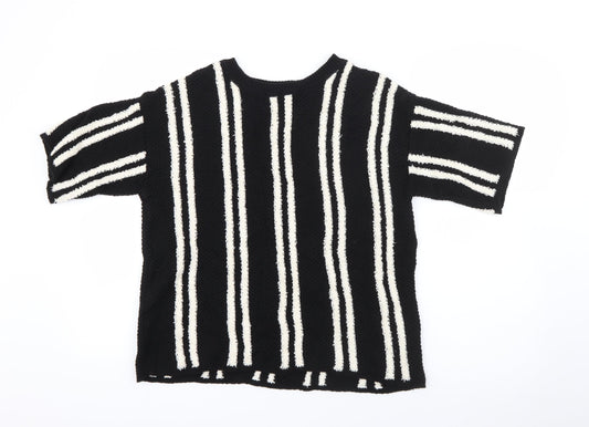 Marks and Spencer Womens Black Crew Neck Striped Cotton Pullover Jumper Size 14