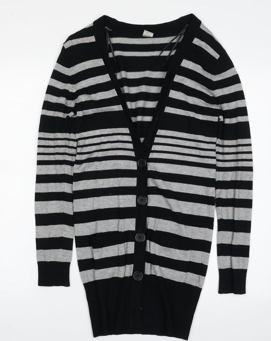New Look Womens Black V-Neck Striped Viscose Cardigan Jumper Size 8