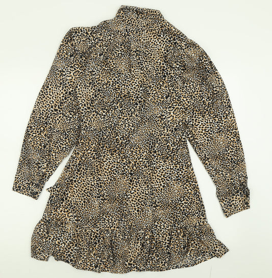 Topshop Womens Brown Animal Print Polyester Fit & Flare  Size 8  Collared Zip