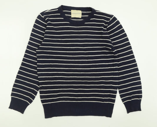Fredrick Anderson Womens Blue Crew Neck Striped Cotton Pullover Jumper Size M