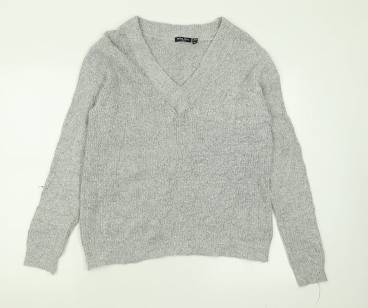 Brave Soul Womens Grey V-Neck  Acrylic Pullover Jumper Size XS