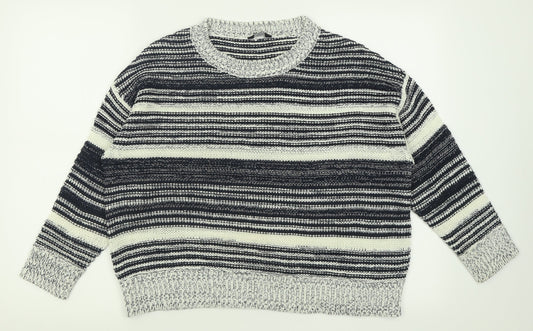 M&Co Womens Blue Crew Neck Striped Acrylic Pullover Jumper Size 14