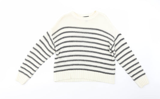 New Look Womens White Crew Neck Striped Acrylic Pullover Jumper Size S