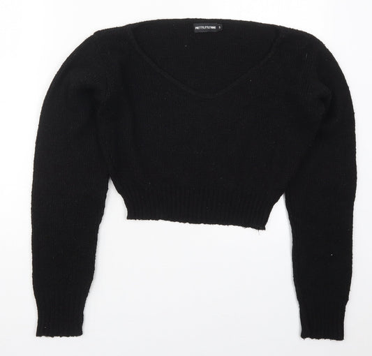 PRETTYLITTLETHING Womens Black V-Neck  Acrylic Pullover Jumper Size S