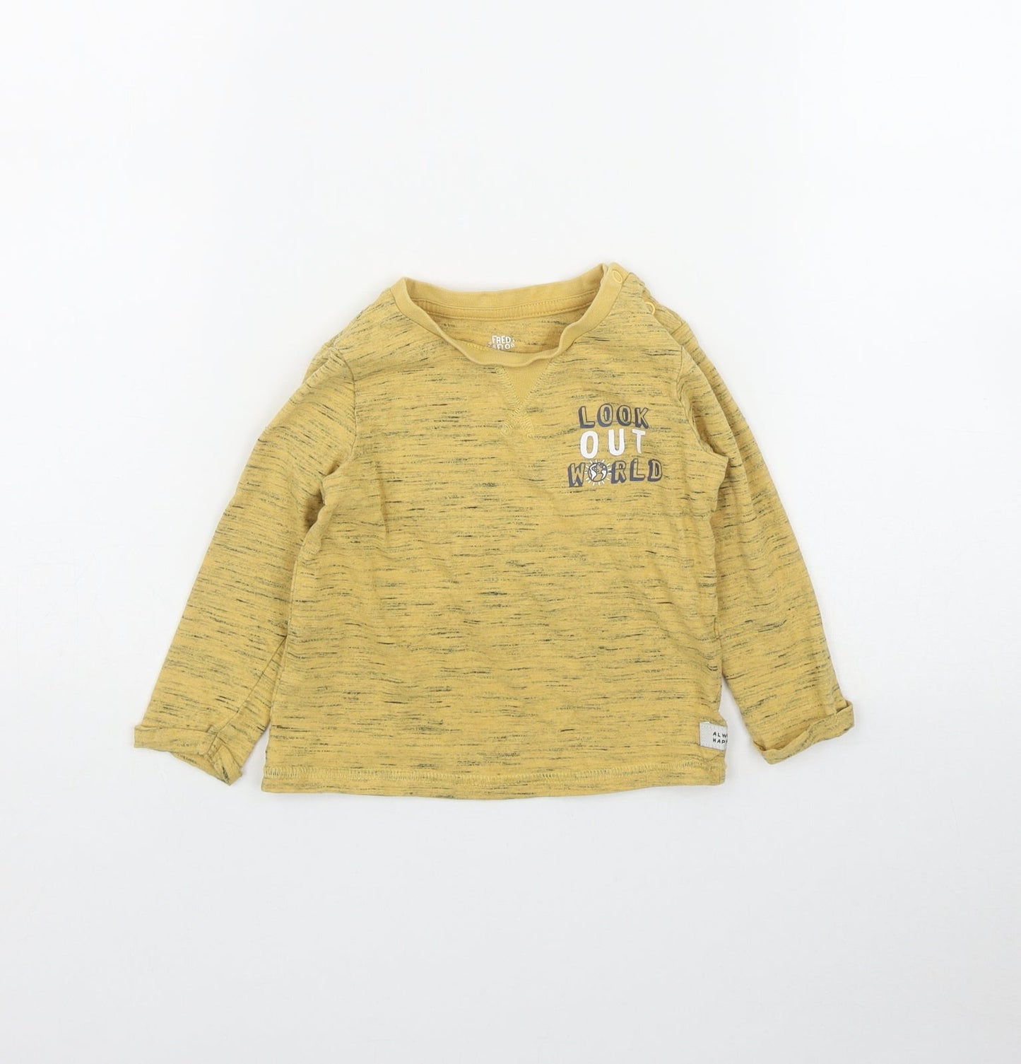 F&F Boys Yellow  Cotton Basic T-Shirt Size 12-18 Months Round Neck Snap - 'Look out worls'