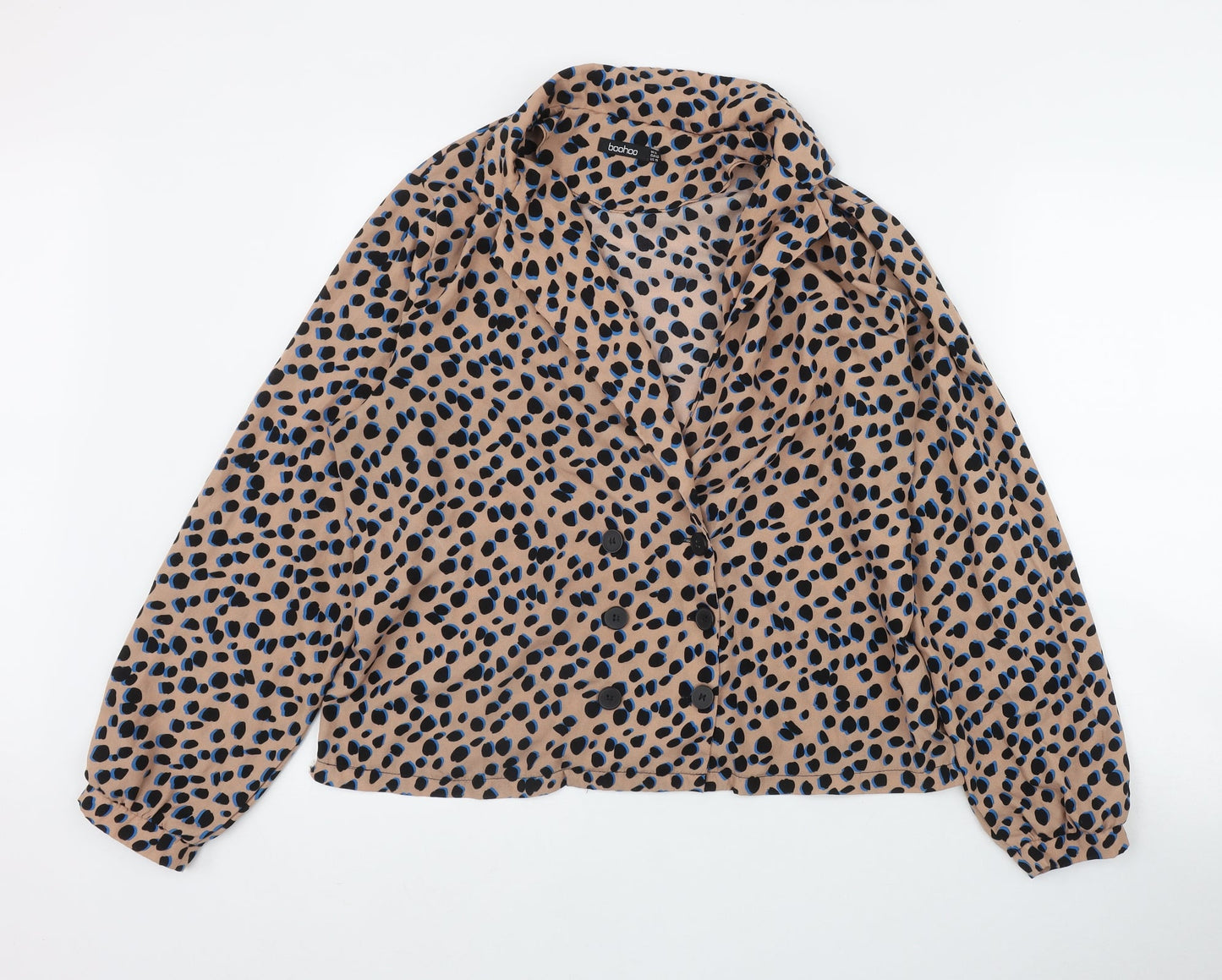 Boohoo Womens Brown Animal Print Polyester Basic Button-Up Size 14 Collared