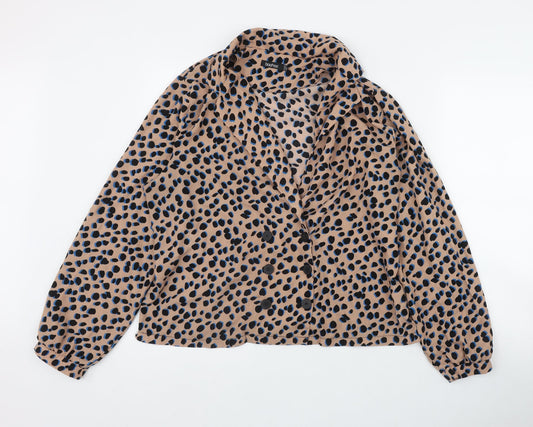 Boohoo Womens Brown Animal Print Polyester Basic Button-Up Size 14 Collared