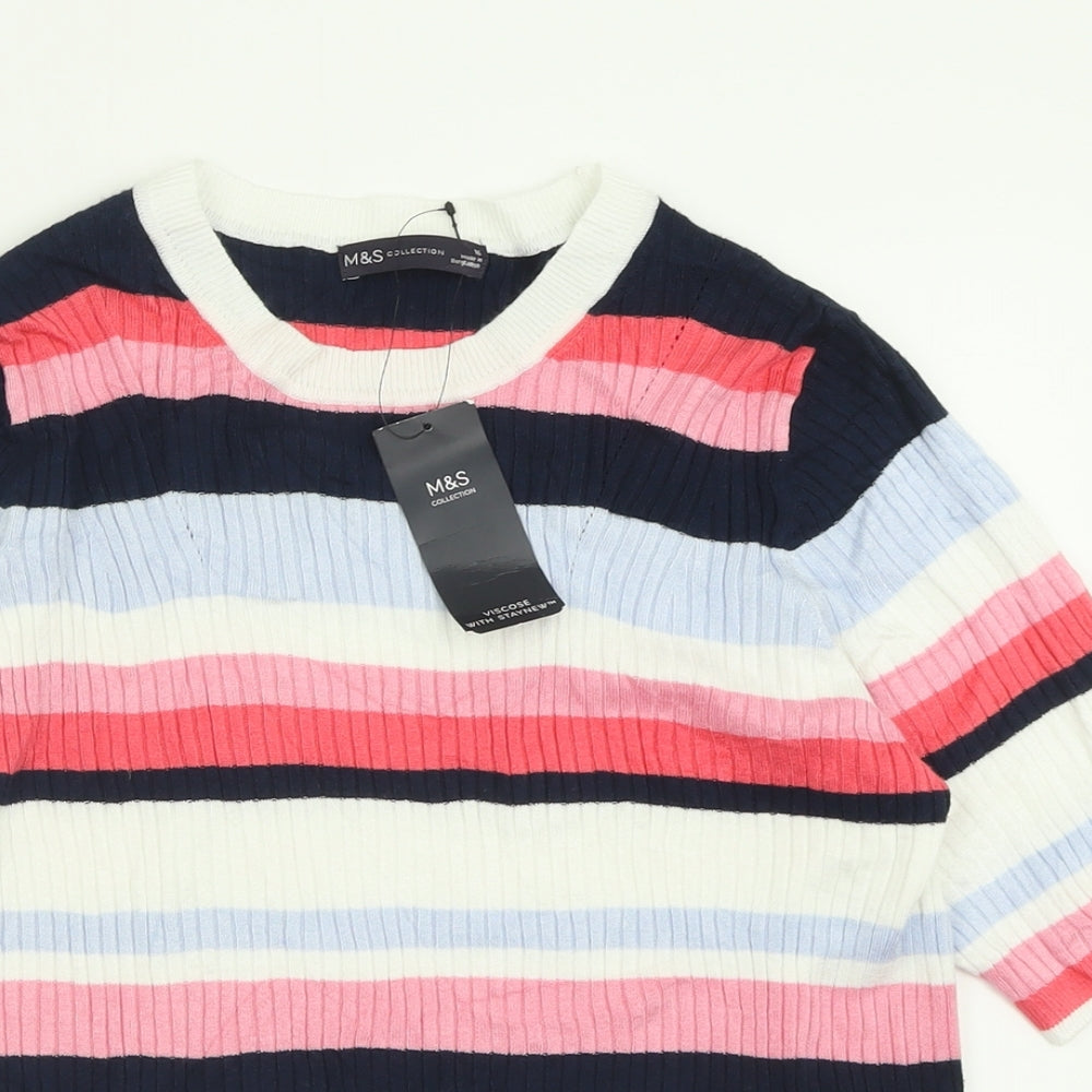 Marks and Spencer Womens Pink Crew Neck Striped Viscose Pullover Jumper Size 16