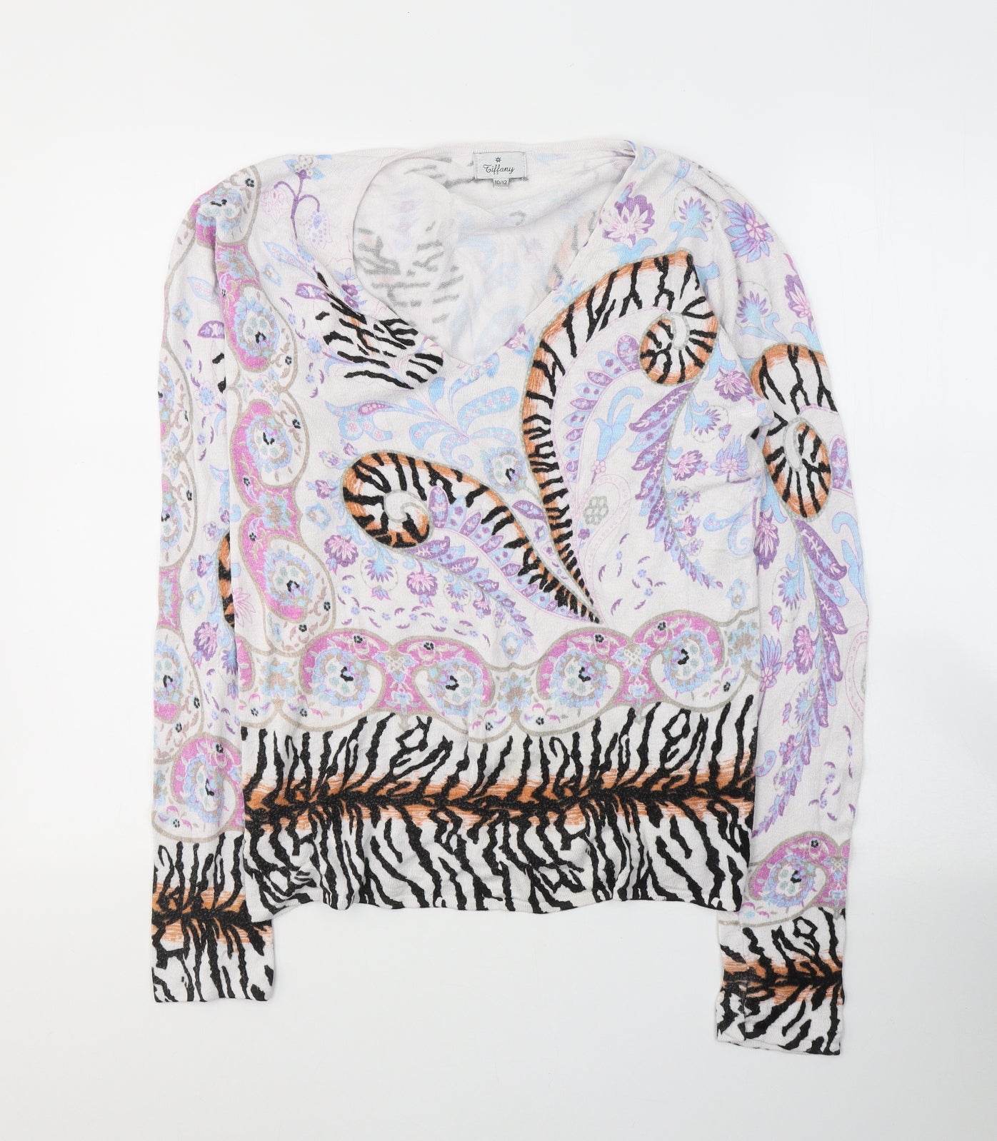 TIFFANY  Womens White Paisley Polyester Jersey T-Shirt Size 10 Round Neck