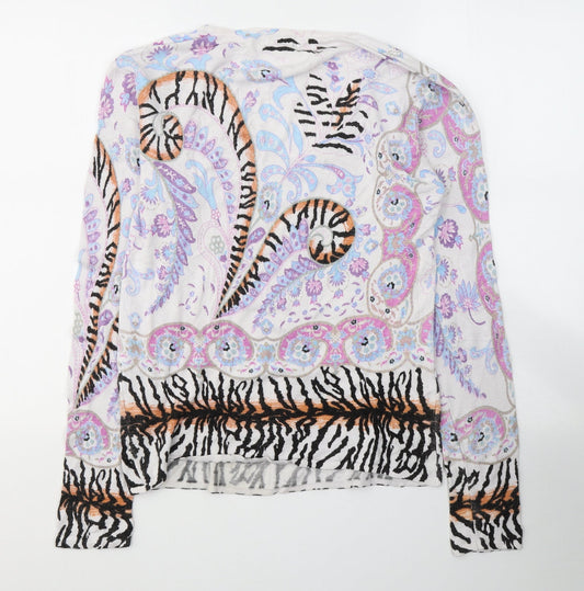 TIFFANY  Womens White Paisley Polyester Jersey T-Shirt Size 10 Round Neck