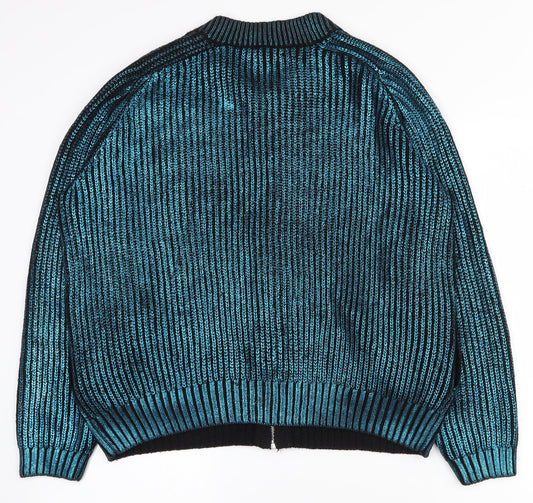 H&M Womens Blue Crew Neck  Acrylic Full Zip Jumper Size L