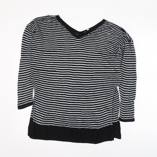 Preworn Womens Black V-Neck Striped Polyester Pullover Jumper Size 12