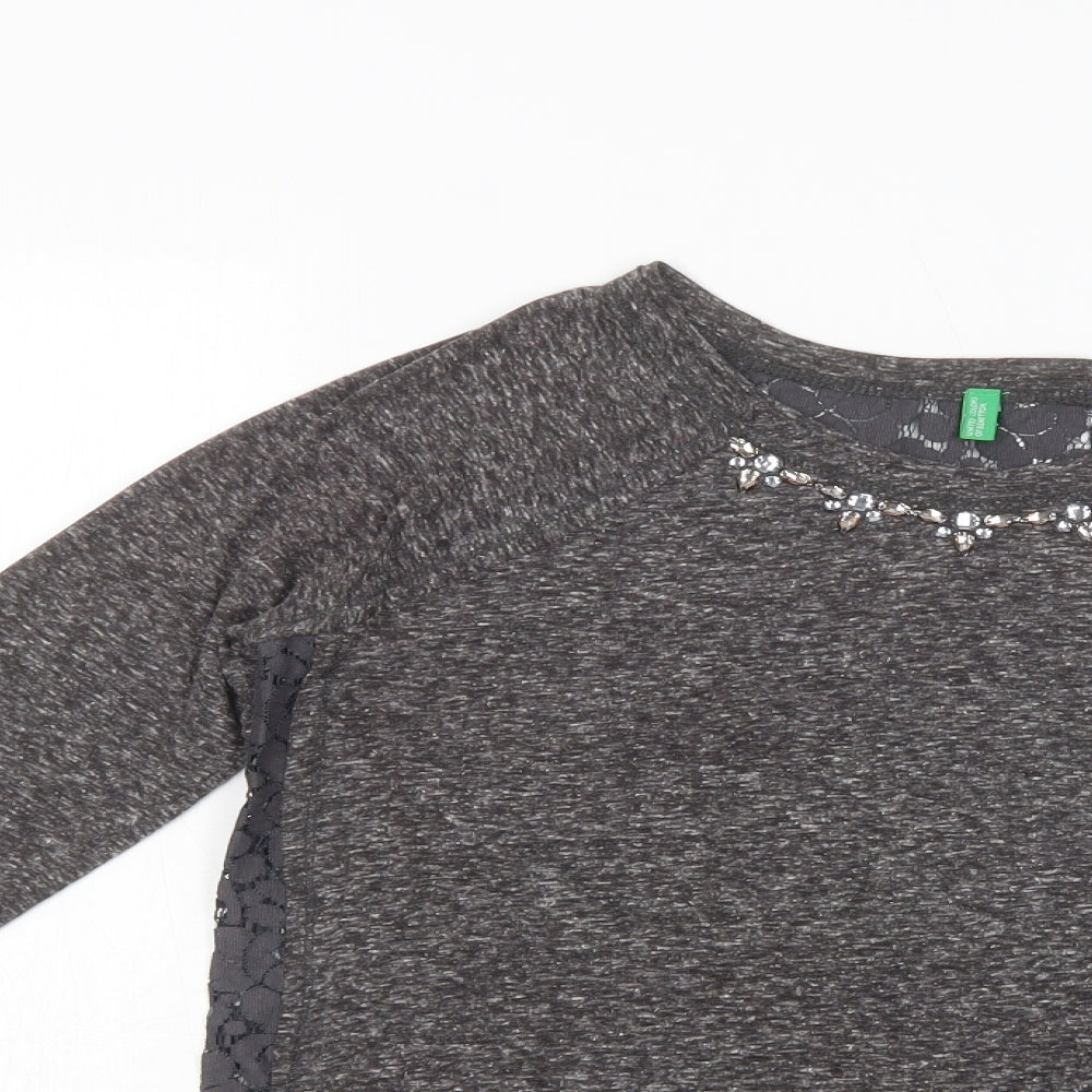 United Colors of Benetton Womens Grey  Cotton Basic Blouse Size S Crew Neck - Embellished Neckline