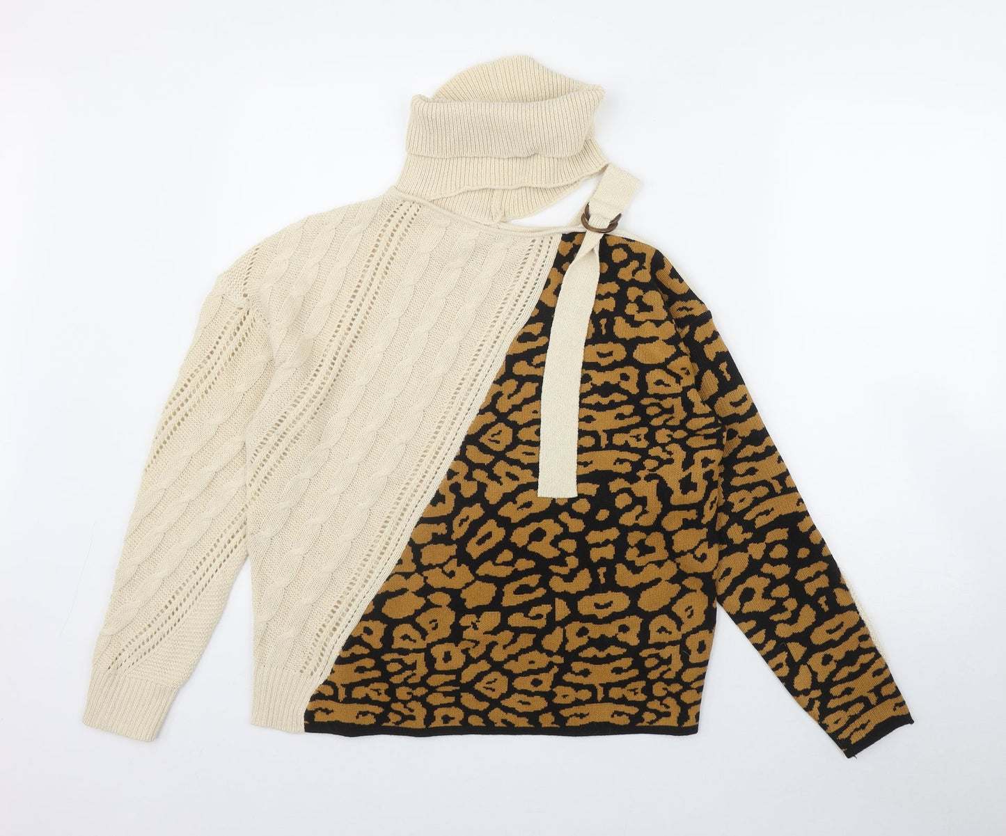 Preworn Womens Beige High Neck Animal Print Polyester Pullover Jumper Size S