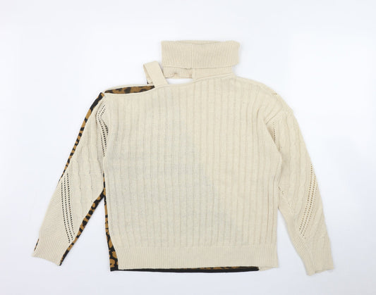 Preworn Womens Beige High Neck Animal Print Polyester Pullover Jumper Size S