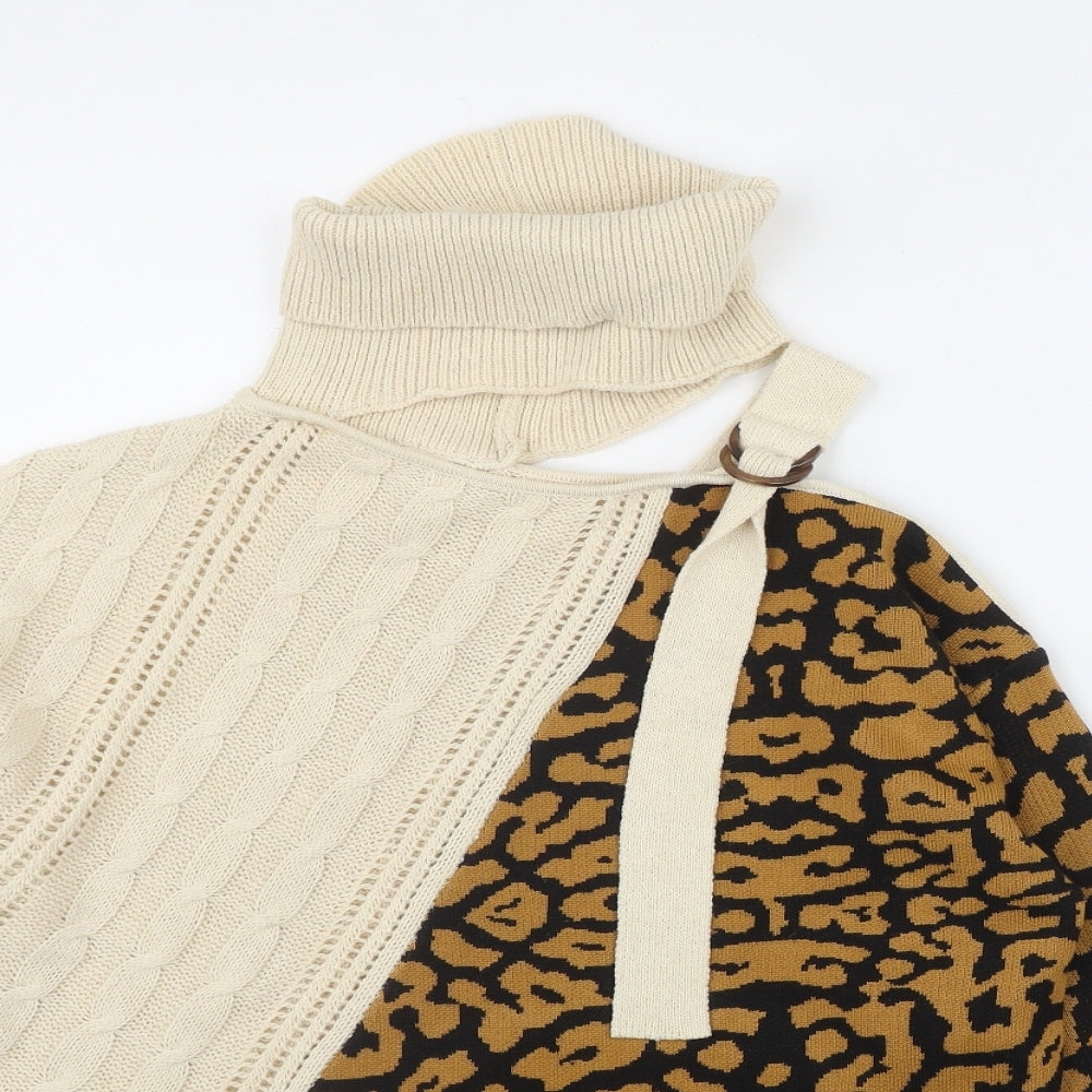 Preworn Womens Beige High Neck Animal Print Polyester Pullover Jumper Size S