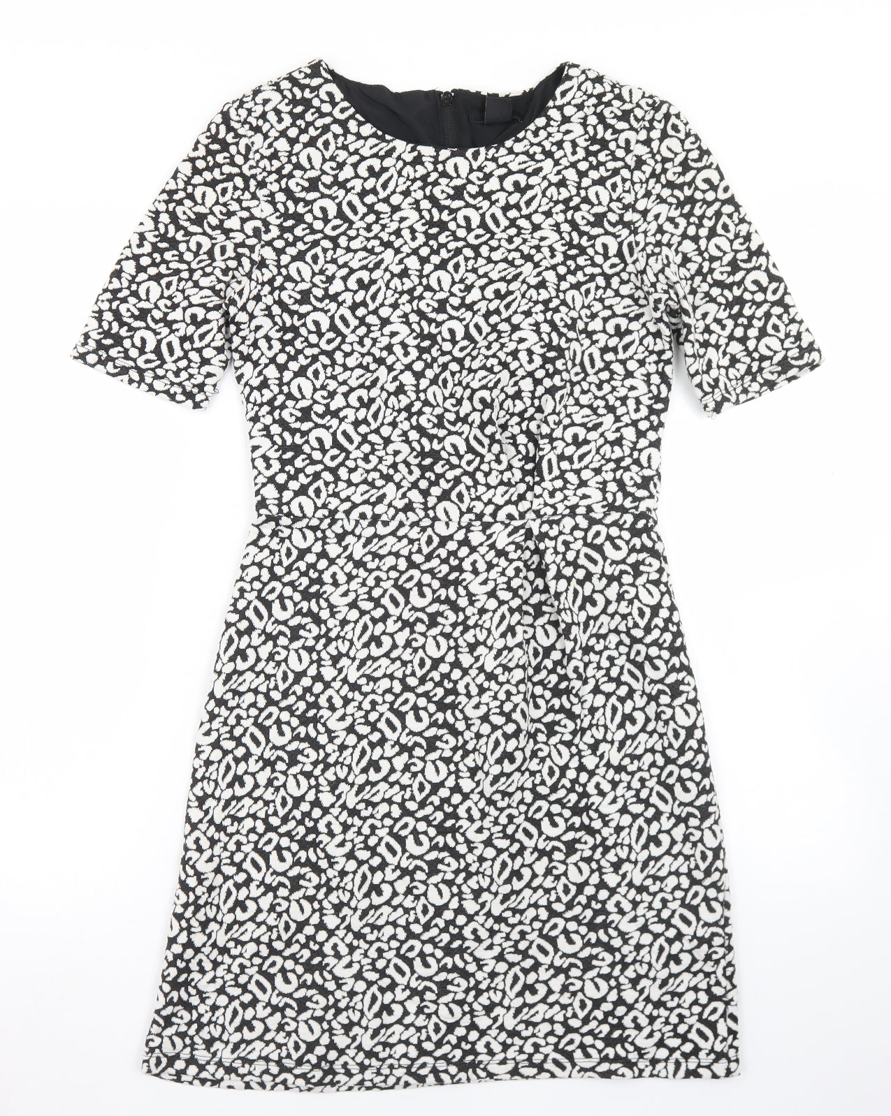 H&M Womens Black Animal Print Polyester Skater Dress  Size 8  Round Neck Zip
