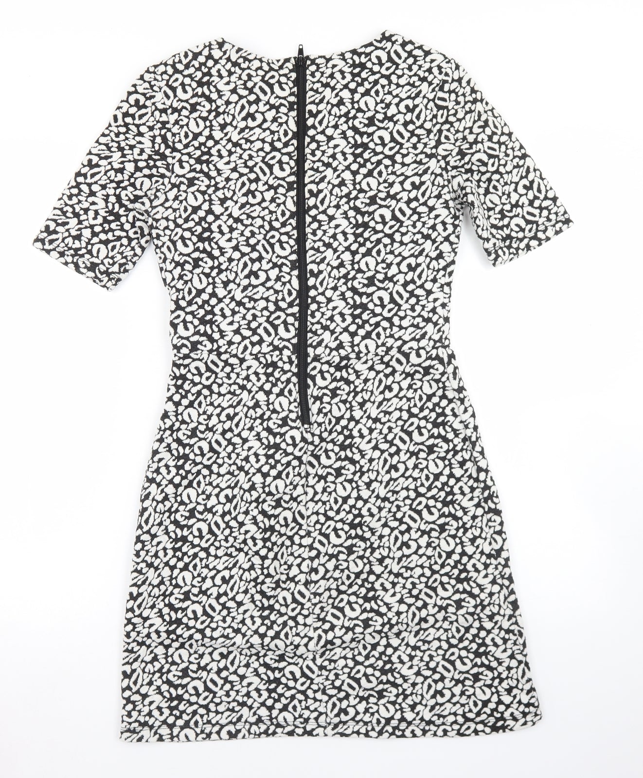 H&M Womens Black Animal Print Polyester Skater Dress  Size 8  Round Neck Zip