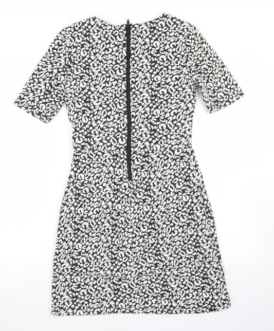 H&M Womens Black Animal Print Polyester Skater Dress  Size 8  Round Neck Zip