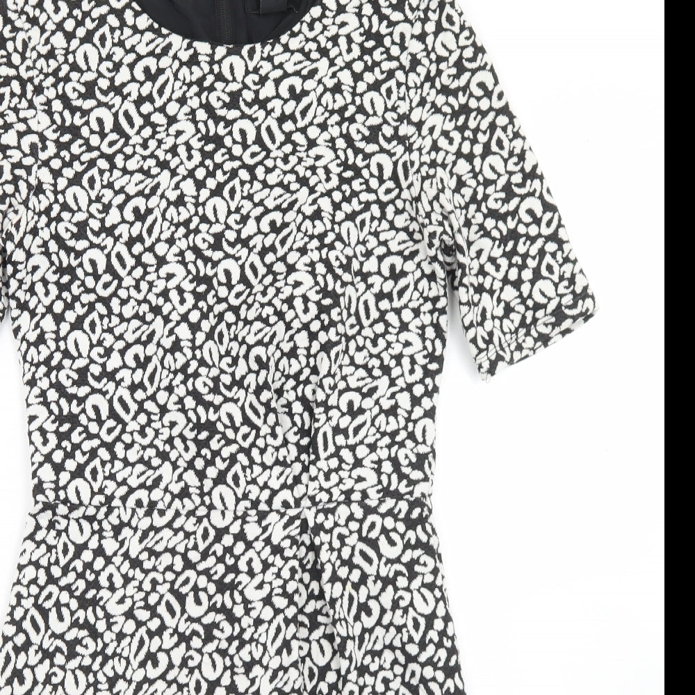 H&M Womens Black Animal Print Polyester Skater Dress  Size 8  Round Neck Zip