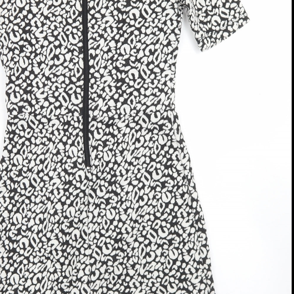 H&M Womens Black Animal Print Polyester Skater Dress  Size 8  Round Neck Zip