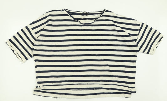 Dunnes Stores Womens White Crew Neck Striped Cotton Pullover Jumper Size XL