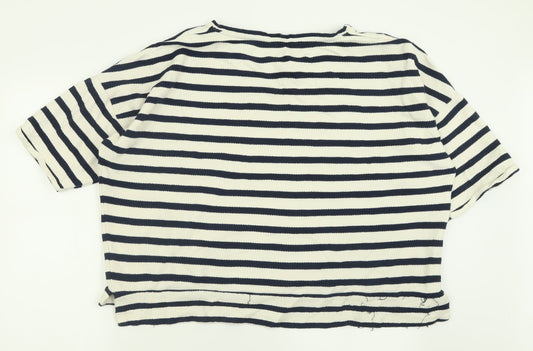 Dunnes Stores Womens White Crew Neck Striped Cotton Pullover Jumper Size XL
