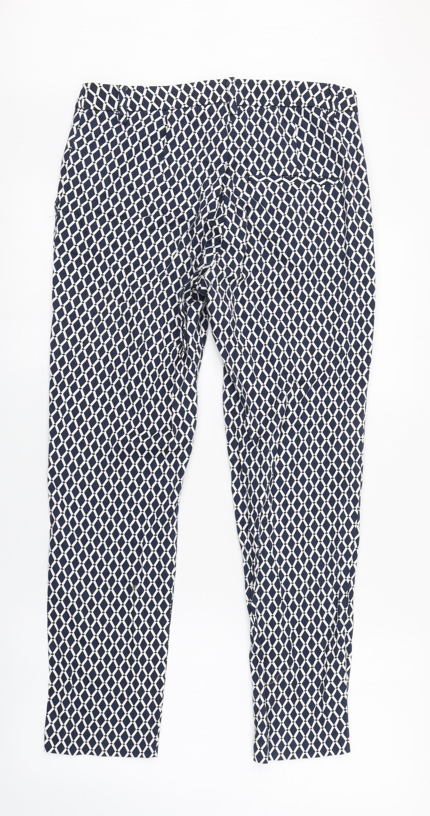H&M Womens Blue Argyle/Diamond Cotton Carrot Trousers Size 10 L26 in Regular Zip