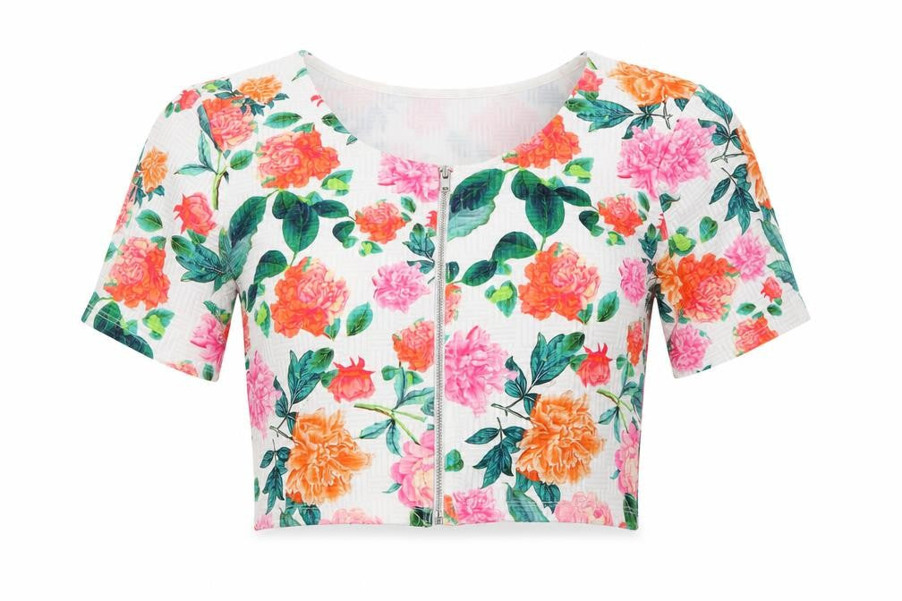 Select Womens White Floral Polyester Cropped T-Shirt Size 10 Round Neck