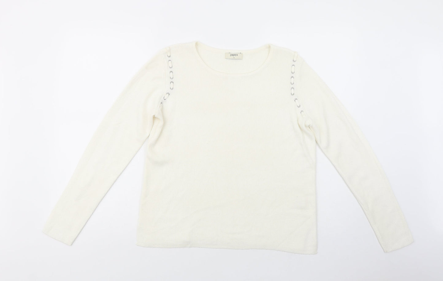 Papaya Womens Ivory Crew Neck  Acrylic Pullover Jumper Size S