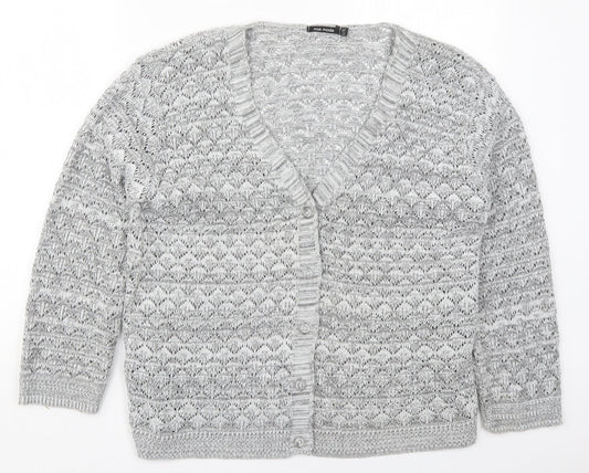 Mia Moda Womens Grey V-Neck  Acrylic Cardigan Jumper Size L