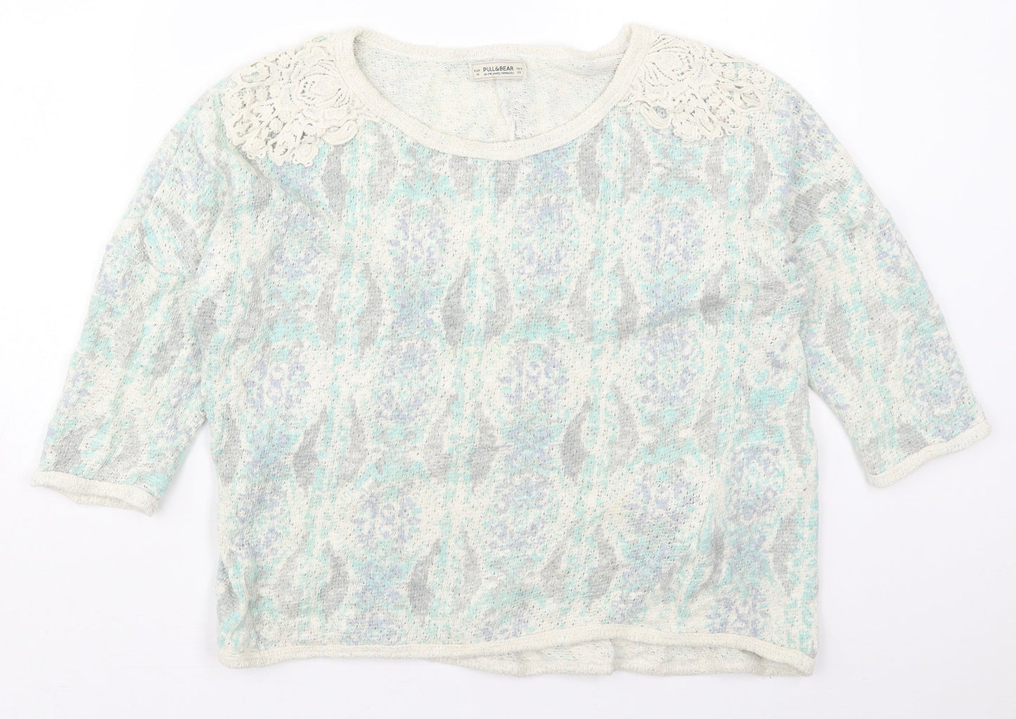 Pull & Bear Womens Green Round Neck Geometric Cotton Pullover Jumper Size M