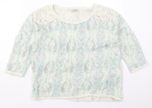 Pull & Bear Womens Green Round Neck Geometric Cotton Pullover Jumper Size M