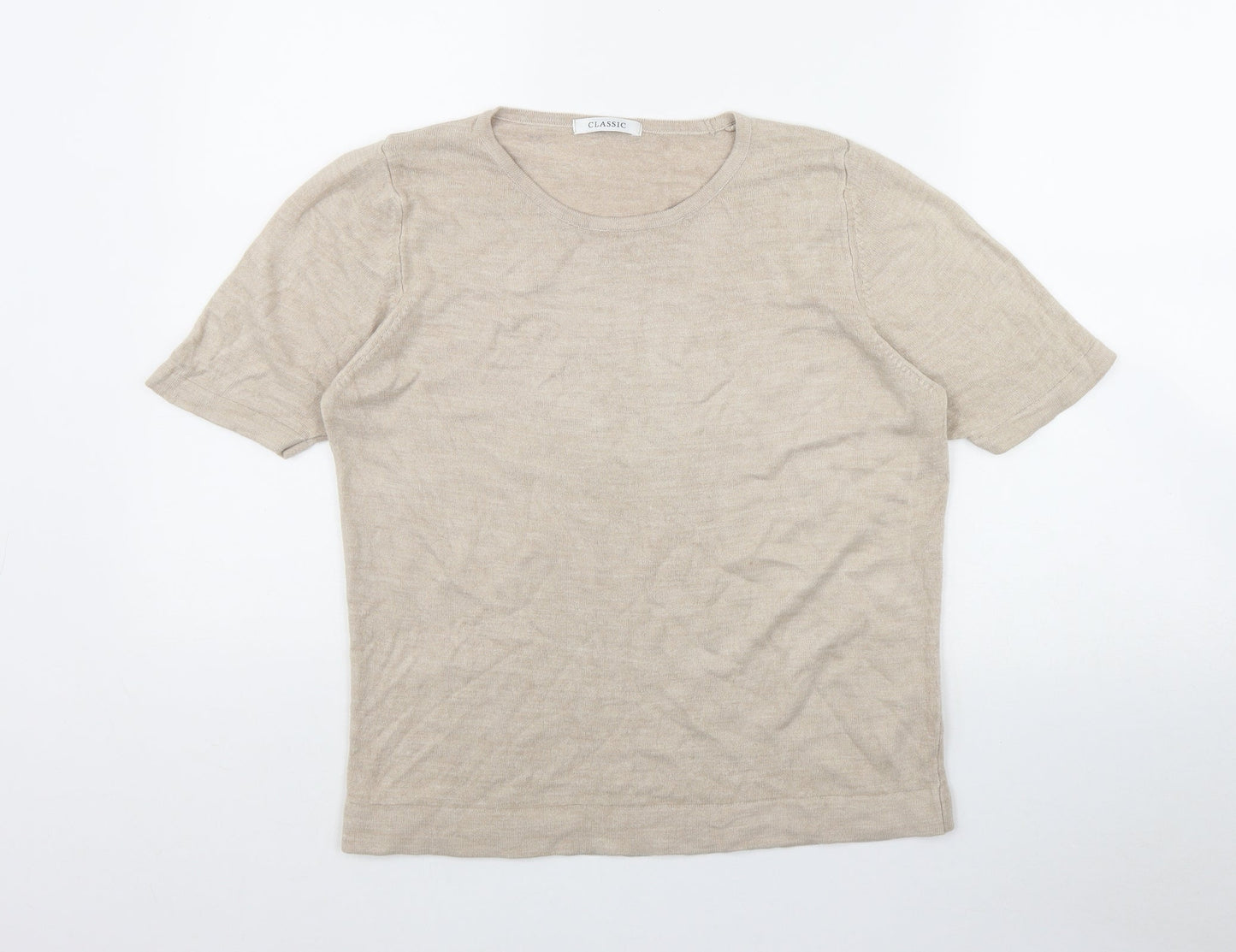 Classic Womens Beige Round Neck  Acrylic Pullover Jumper Size 16