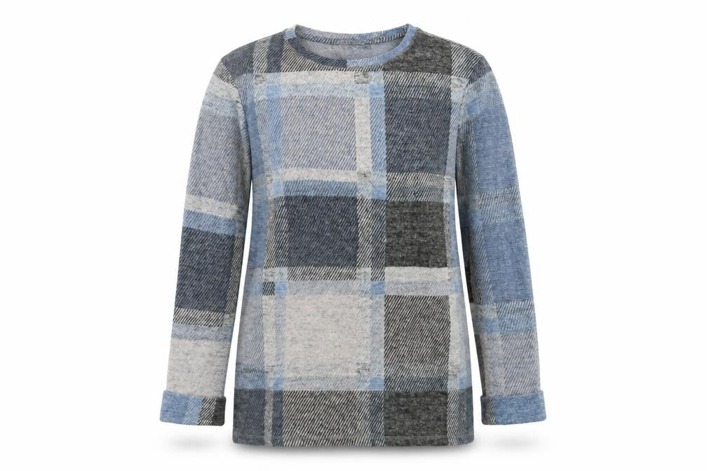 Marks and Spencer Womens Blue Crew Neck Check Polyester Pullover Jumper Size 10