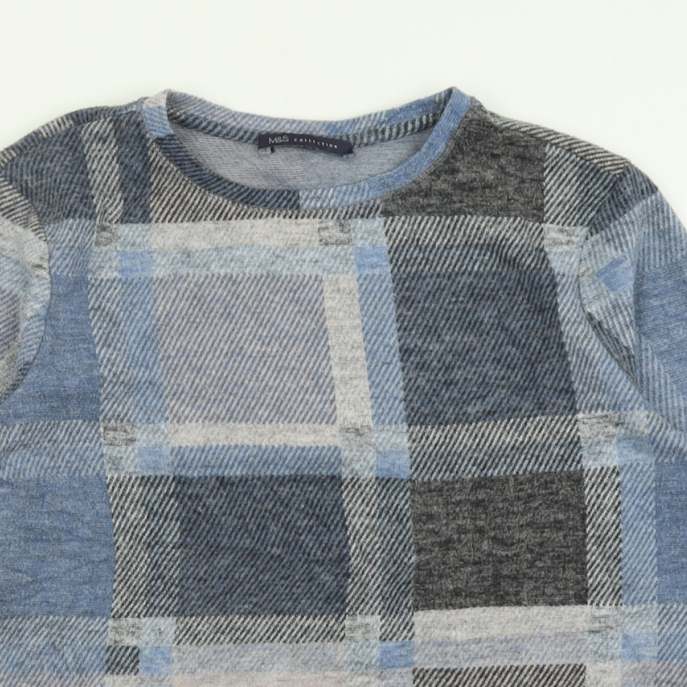 Marks and Spencer Womens Blue Crew Neck Check Polyester Pullover Jumper Size 10