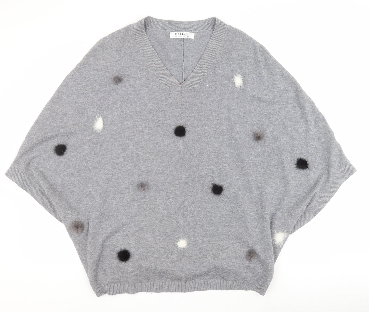 Kate Collection Womens Grey V-Neck  Viscose Pullover Jumper Size L   - Pom Pom