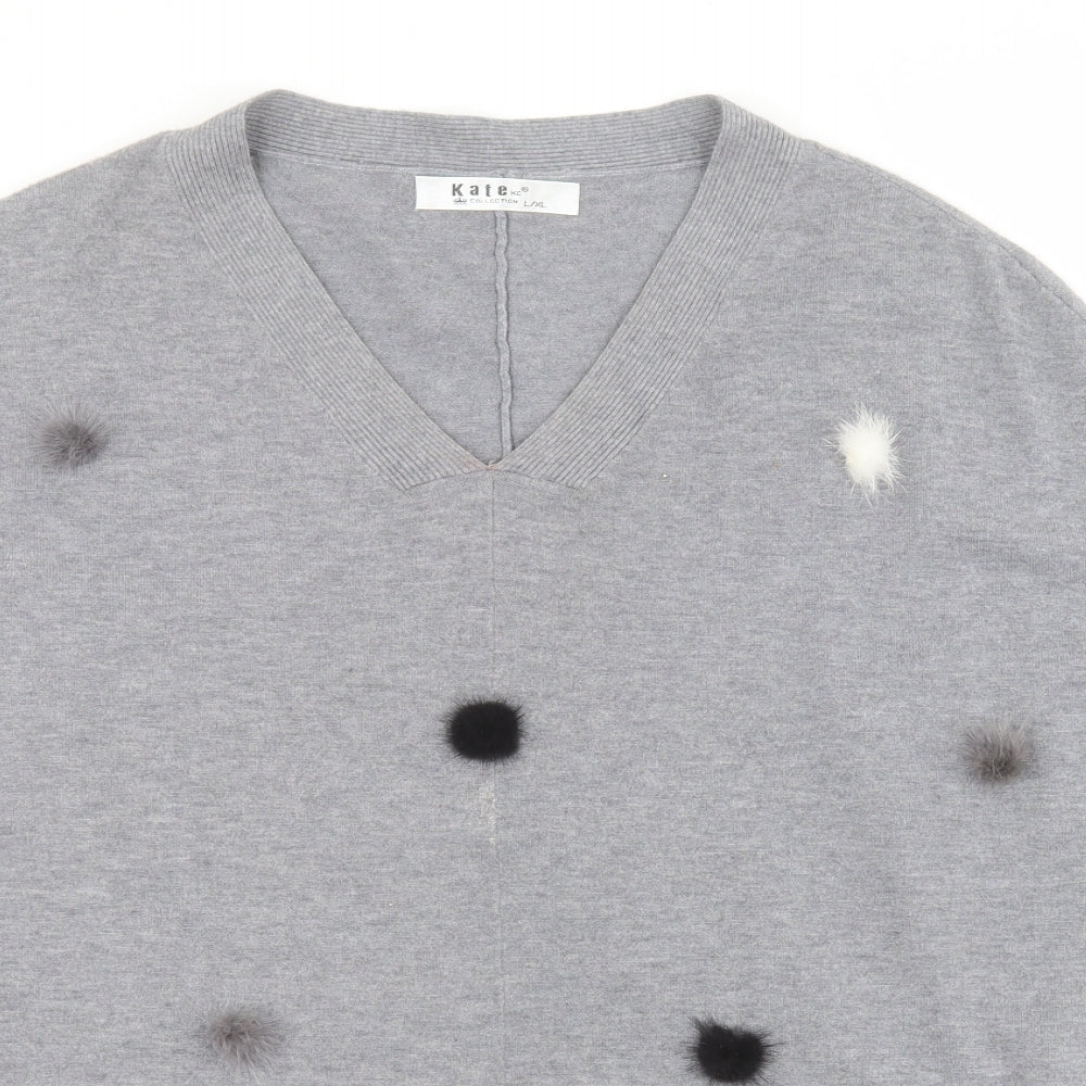Kate Collection Womens Grey V-Neck  Viscose Pullover Jumper Size L   - Pom Pom