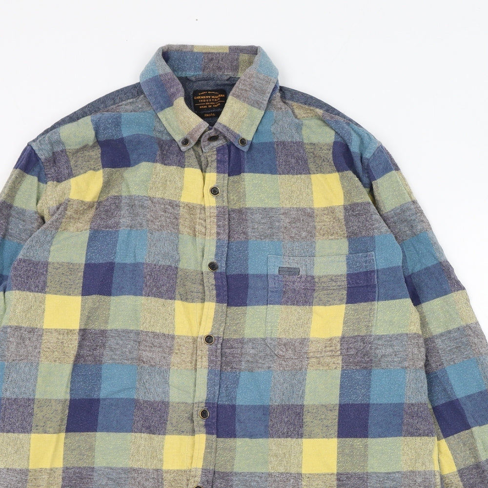 Garment Makers Mens Blue Check Cotton  Button-Up Size S Collared Button