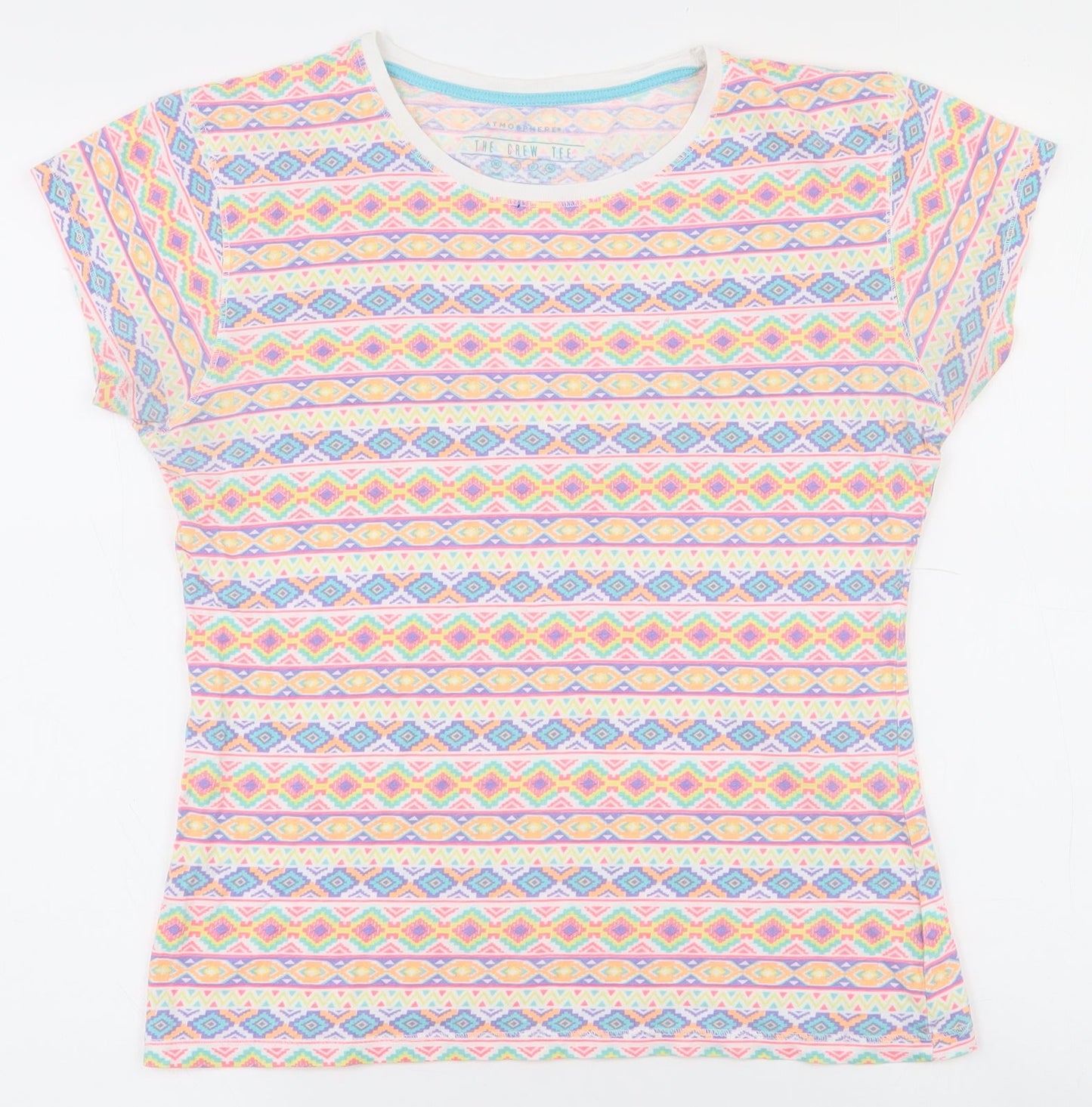 Atmosphere Womens Multicoloured Geometric 100% Cotton Basic T-Shirt Size 10 Round Neck