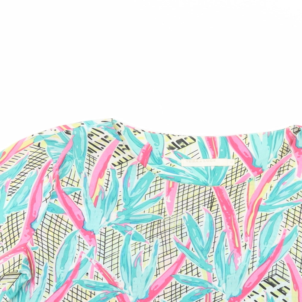 Vera & Lucy Womens Multicoloured Floral Polyester Cropped Blouse Size M Boat Neck